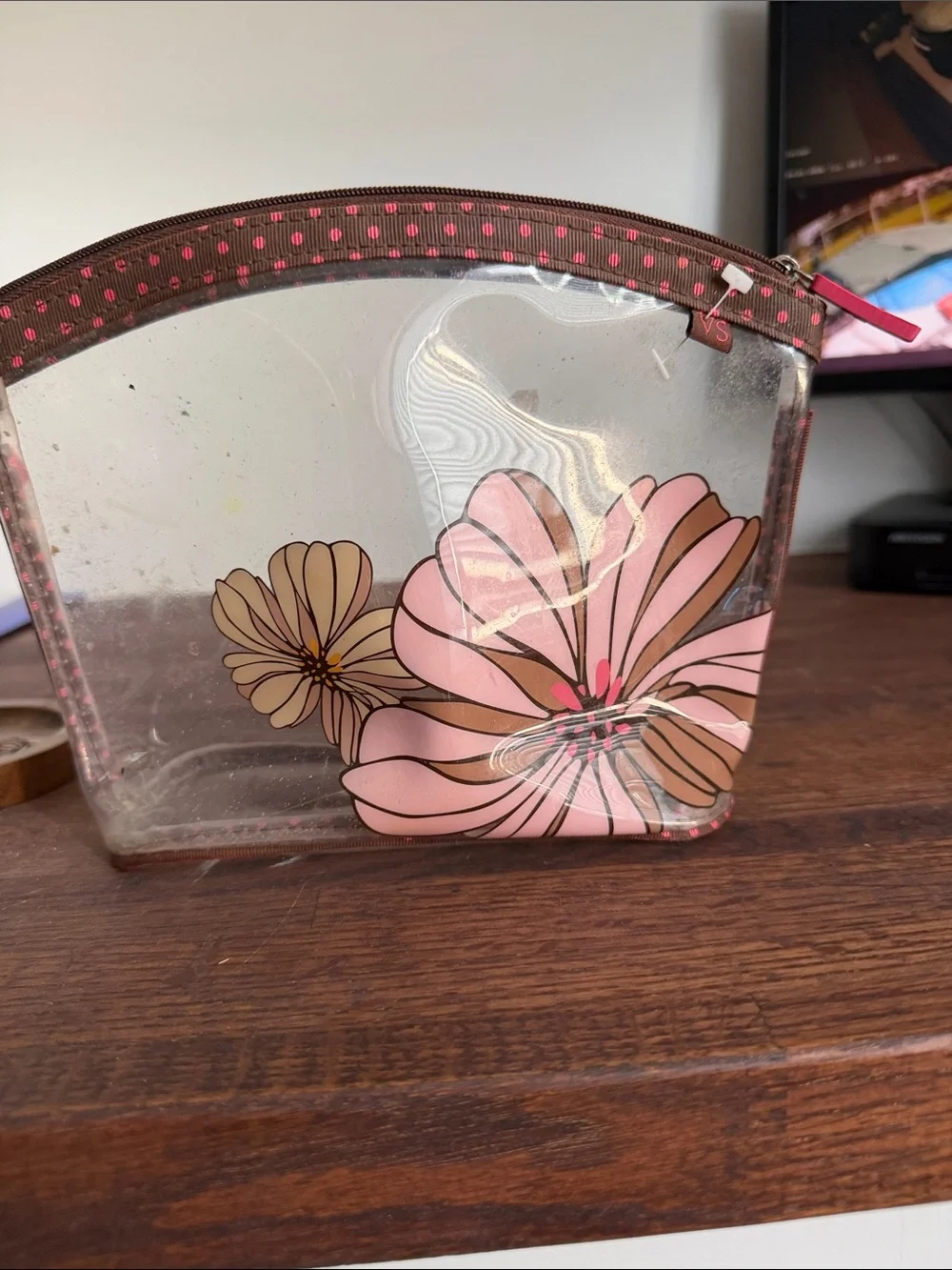 Victoria's Secret Clear Floral Makeup Pouch in Pink and Brown